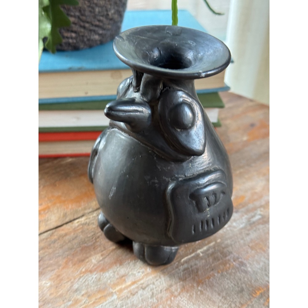 Vintage Mexican Black Clay Pottery Bird Vase Barro Negro Oaxaca Folk Art Decor